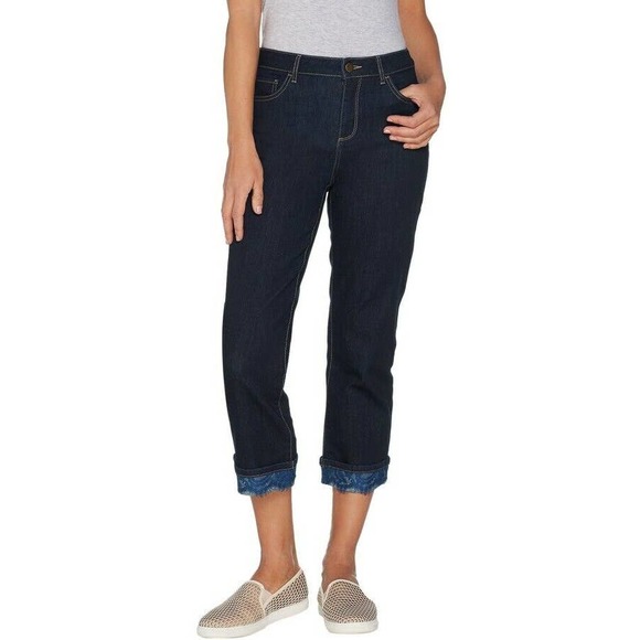 LOGO by Lori Goldstein Dark Blue Ankle Jeans w/ lace trim - Picture 1 of 12